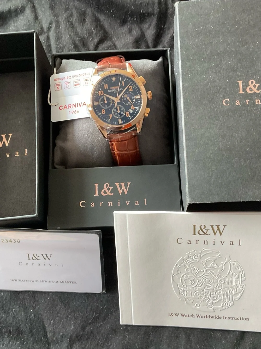 NIB I & W Carnival Chronograph MoonPhase Date Gold Tone/Black Watch Full Set